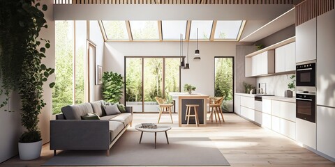 Fototapeta na wymiar Interior design, perspective of a living room and kitchen with an island, large windows with natural light, light colors, greenery, modern furniture, skylight, modern minimalist design. Generative AI.