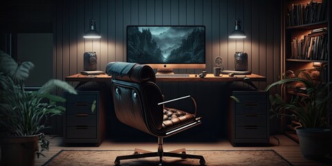 Modern home office interior, professional technology concept, dark style, trestle desk, latest computer, leather chair. Generative AI.
