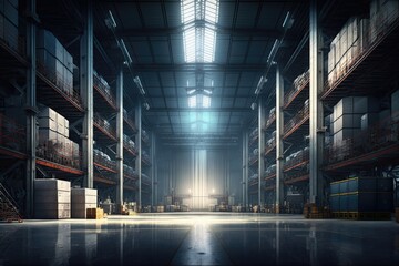 Fototapeta na wymiar Interior of a modern warehouse storage. Generative AI