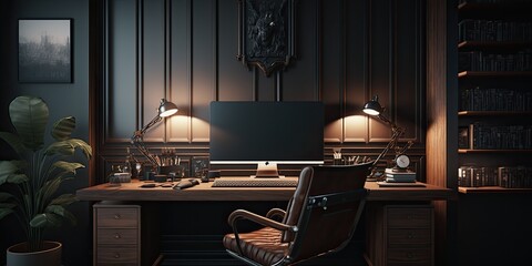 Modern home office interior, professional technology concept, dark style, trestle desk, latest computer, leather chair. Generative AI.