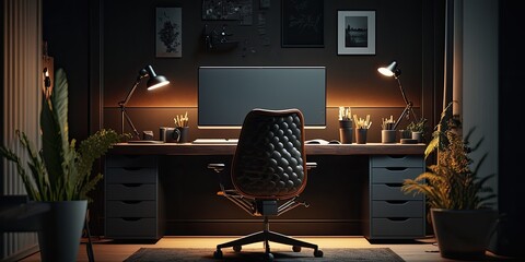 Modern home office interior, professional technology concept, dark style, trestle desk, latest computer, leather chair. Generative AI.