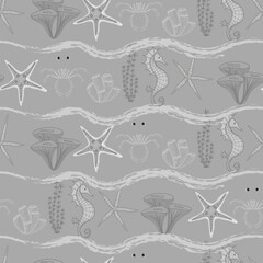 Seamless marine pattern in grey. Sea horse and shells in monochrome. Ocean and underwater life seamless.