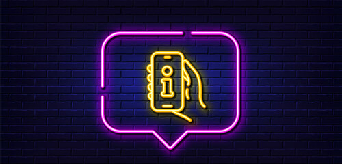Neon light speech bubble. Support line icon. Phone information sign. Smartphone info symbol. Neon light background. Support glow line. Brick wall banner. Vector