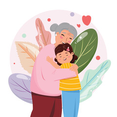 Illustration with a grandmother and granddaughter embracing. Family visit, family union concept illustration.