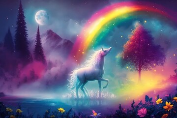 Fototapeta na wymiar horse rainbow landscape created using AI Generative Technology