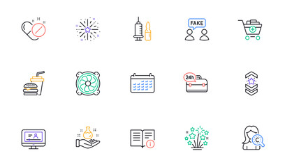 Medical vaccination, Fireworks explosion and Shoulder strap line icons for website, printing. Collection of 24h service, Online video, Calendar icons. Fireworks stars, Chemistry lab. Vector