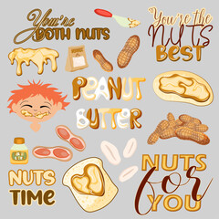 Set of peanut elements. Nuts, butter, peanut butter sandwich. Stickers.vector illustration.