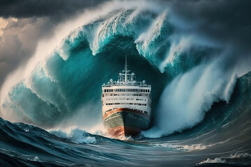 big wave of tsunami hitting ship. generative ai - obrazy, fototapety, plakaty