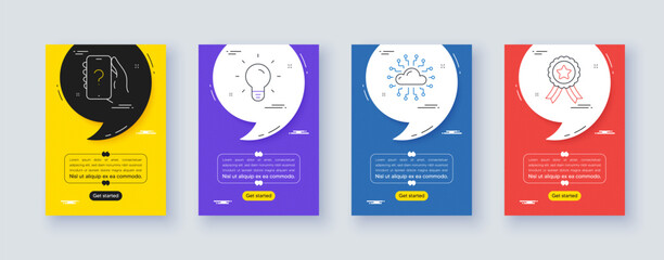 Set of Cloud network, Light bulb and Ask question line icons. Poster offer frame with quote, comma. Include Winner ribbon icons. For web, application. Online storage, Lamp energy, Quiz phone. Vector
