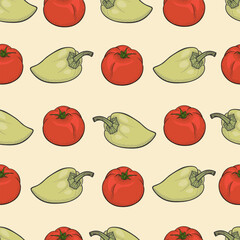 Vector illustration, EPS 10. Green paprika and red tomatoes are drawn in a graphic style. Vector seamless pattern. Useful for cafe corporate identity, packaging design, tablecloth, textile.
