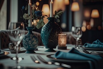 Luxury restaurant with a elegant dinner. Generative AI.