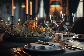 Fototapeta na wymiar Luxury restaurant with a elegant dinner. Generative AI.