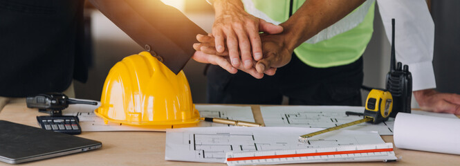 Architect concept, Architects working with blueprints in the office, Vintage Effect