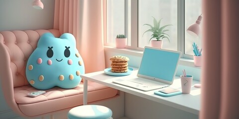 cartoon style, cute teen girl room interior, pastel colors, generative AI