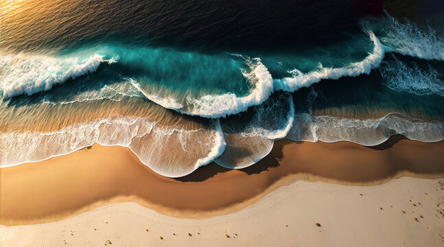 drone view of beach with waves. generative ai