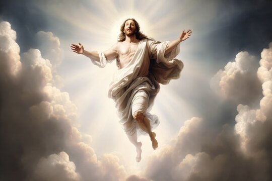 The resurrected Jesus Christ ascending to heaven in the clouds with bright light. Generative AI.