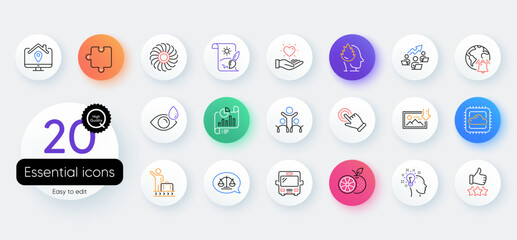 Simple set of Touchscreen gesture, Inclusion and Fan engine line icons. Include Puzzle, Bus, Teamwork chart icons. Justice scales, Luggage belt, Stress web elements. Orange, Work home. Vector