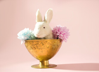 The Easter Tea Party: A Cute Easter Bunny Rabbit in a Radiant Golden, Ornate Tea Cup, High Tea, Tea Party, Easter Celebration Concept