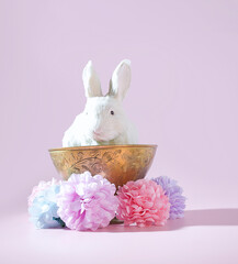 An Easter Tea Party: A Cute Easter Bunny Rabbit in a Radiant Golden, Ornate Tea Cup with Springtime Flower Decorations, High Tea, Tea Party, Easter Celebration Concept