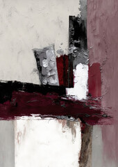 Abstract, a textured painting, thick brushstrokes, layers of color and texture, burgundy, gray and white color scheme. Generative AI.
