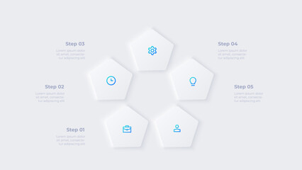 Five neumorphic pentagons. Concept of 5 options of business development process. Infographic elements