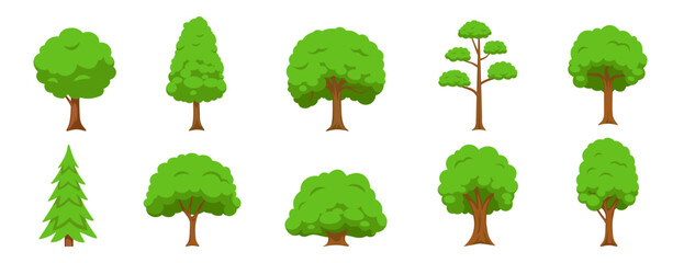 Tree icon set. Cartoon style. Forest trees.
