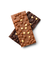 Black and milk chocolate with hazelnuts on a white background