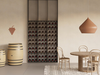 Wine cellar restaurant interior , with shelves , wooden barrels , table and chairs , 3d rendering