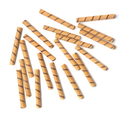 Crispy wafer rolls on a white background.