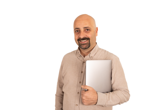 Hugging notebook, portrait of smiling man hugging notebook. Transparent png image win concept idea. Holding modern laptop. Positive caucasian male office worker posing, looking camera. Copy space.