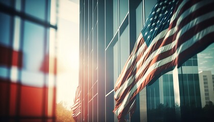 American business center with the US flag in the foreground, representing the core values of trade, finance, success, and business opportunities that the United States offers. AI generated