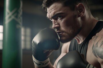 Man training boxing at gym. Ai generative.