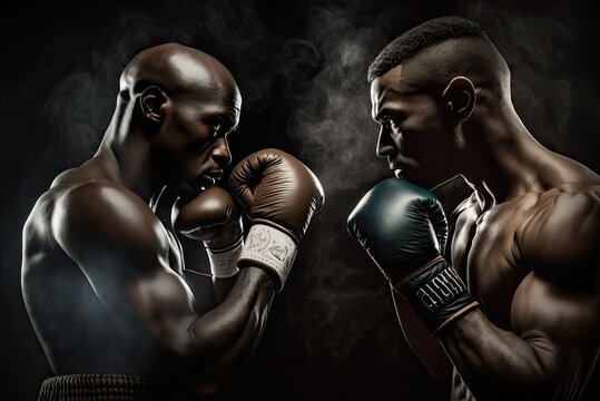 Professional boxer on black smoky background. Ai generative.