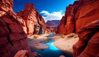 A canyon landscape with a river running through it, surrounded by striking red rock formations. The canyon walls rise up steeply on either side of the river, creating a narrow and dramatic passageway - obrazy, fototapety, plakaty