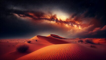 A stunning desert landscape with sand dunes stretching as far as the eye can see. The sky above is clear and dark, with thousands of stars twinkling brightly.