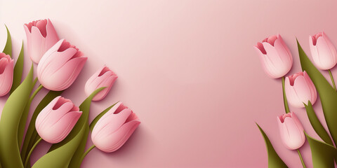 Obraz na płótnie Canvas spring tulip flowers on pink background. mother's day, easter, birthday. banner with copy space. generative AI