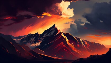 The image features a stunning mountain range at sunset, with jagged peaks rising up into a sky filled with dramatic clouds. The sky colors are warm and vibrant, with shades of orange, red, and purple
