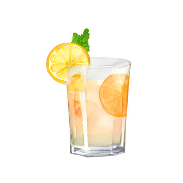 Vector orange citrus summer cocktail with lemon in glass painted in watercolor style on a white background.
