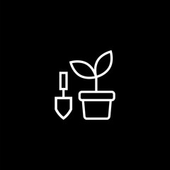 Hand garden shovel icon isolated on black background. 