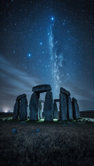 The pleiades star structure above stonehenge, night, landscape. Generative AI. - obrazy, fototapety, plakaty