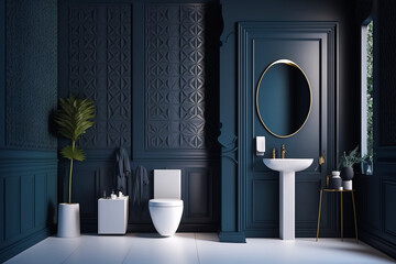 Modern bathroom interior design,bathroom with blank dark blue wall. Idea for design. AI - obrazy, fototapety, plakaty