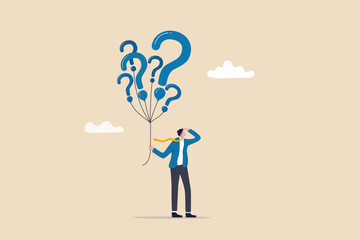 Question marks, finding solution or search for answer, solving problem or curiosity, questionnaire, FAQ or uncertainty concept, doubtful businessman holding question marks balloon look for solutions. - obrazy, fototapety, plakaty