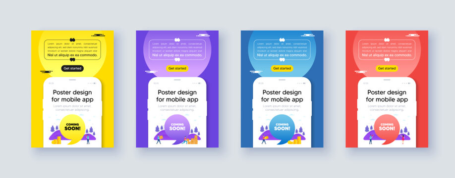 Poster frame with phone interface. Coming soon tag. Promotion banner sign. New product release symbol. Cellphone offer with quote bubble. Coming soon message. Vector