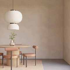 Modern japandi dining room interior with empty wall , dining table and chairs , pendant light , decor , 3d rendering