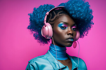 Urban Vibes: Capturing the Style and Confidence of a Young Woman Listening to Her Favorite Tunes, ai generative - obrazy, fototapety, plakaty