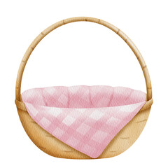 Watercolor brown basket and pink fabric.