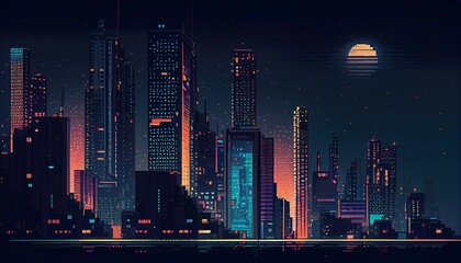 Night city with high buildings in bright lights in cyberpunk style