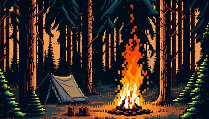 Big fire in the center of the camp with tents in the forest in pixel style