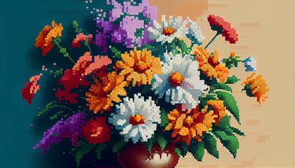 Bouquet of blooming flowers in vase against light background