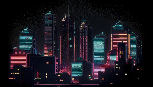 Night city with tall buildings in neon colors in pixel style